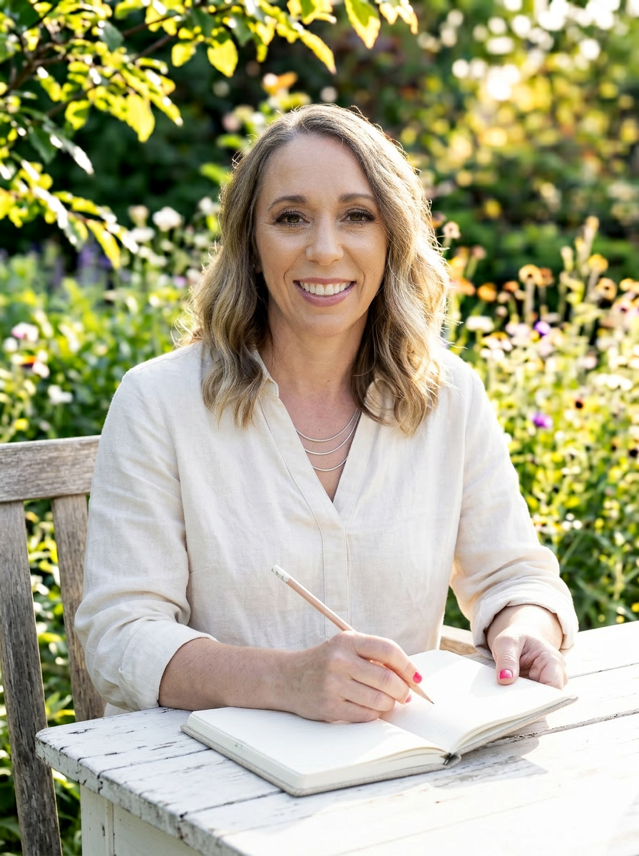 Image of Delilah, sitting at a table in a flower garden with pencil and notebook. She is smiling, the day is sunny, airy and light. 